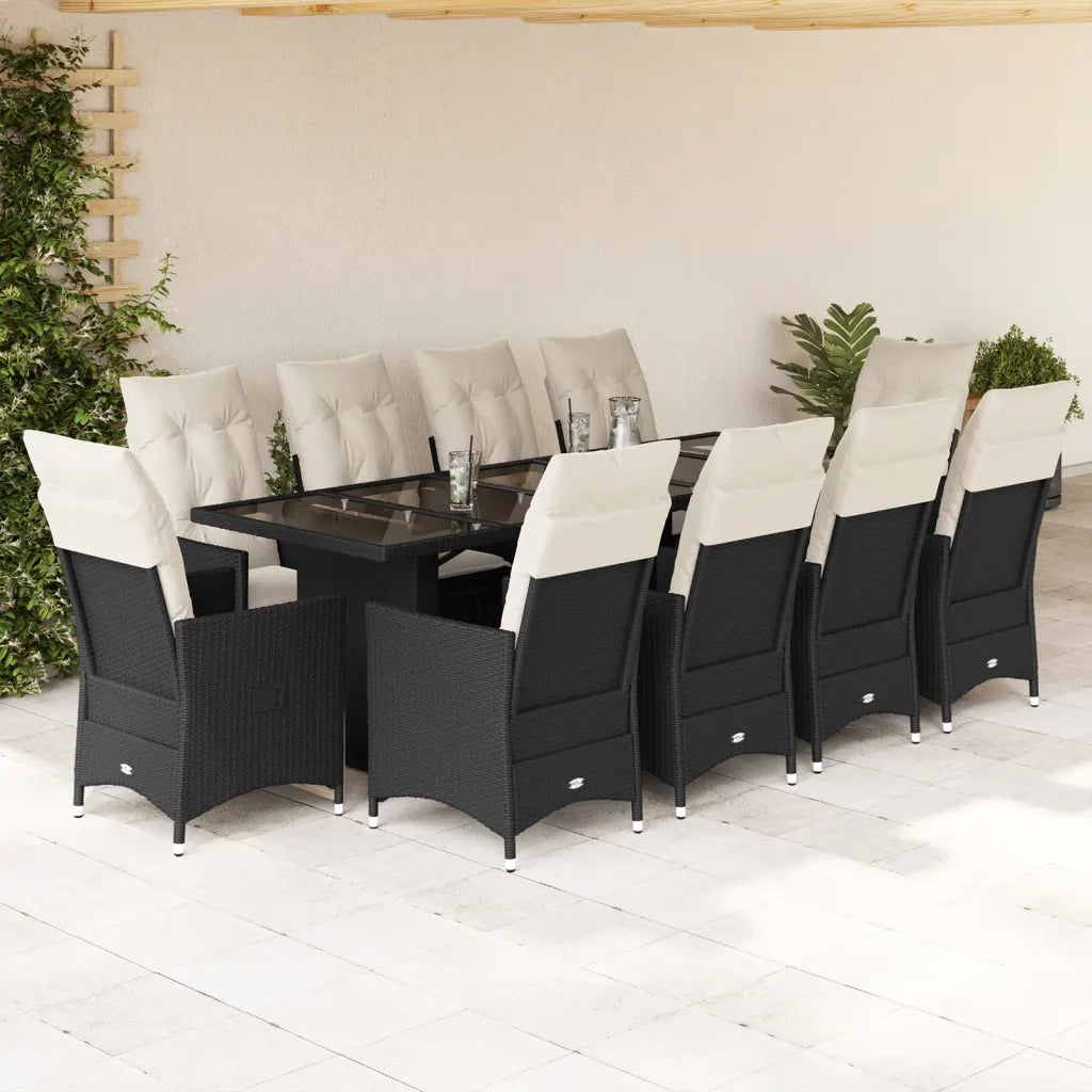 Set da BistrÃ² da Giardino 11 pz con Cuscini Nero in Polyrattan