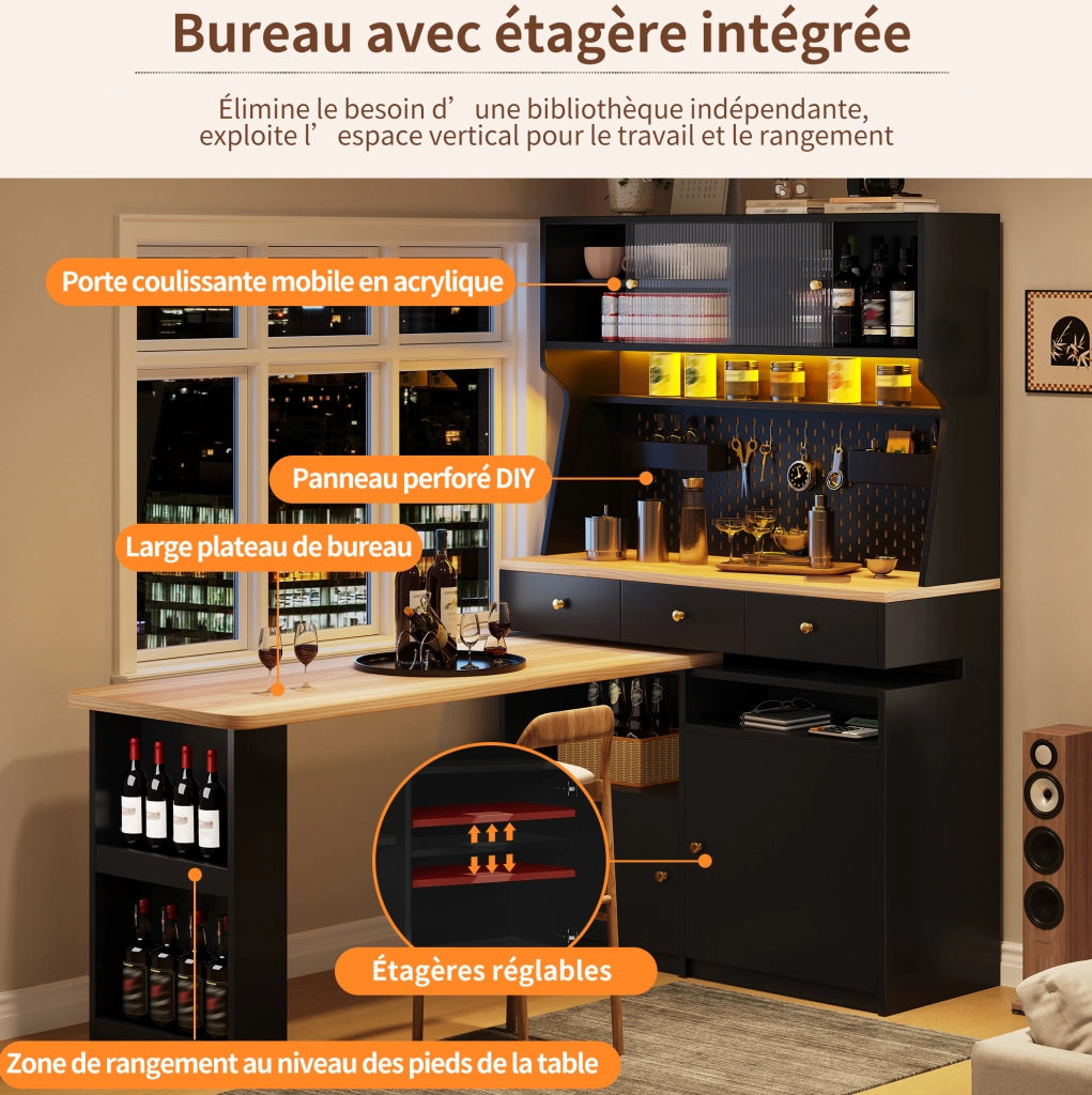 Mobile alto con scrivania integrata LED; MDF e vetro; nero; 137×74×177;7 cm