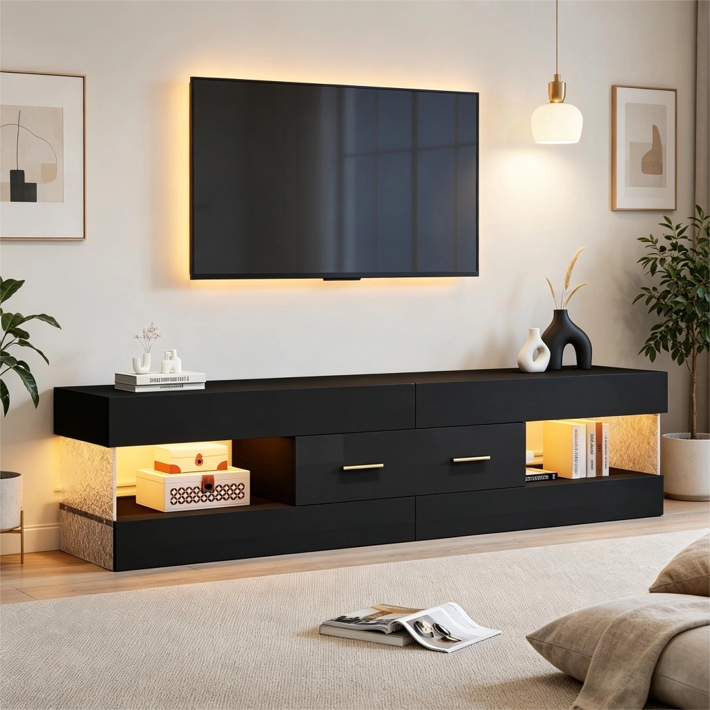 Mobile TV con LED, 152 x 35 x 40 cm, nero lucido con cassetti e vani a giorno