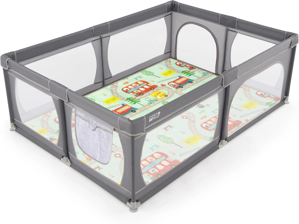 Recinto per Bambini con Materasso, Box per Bambini con Tappetino, Rete Traspirante e Apertura a Cerniera, Box Giochi con Borsa, 4 Impugnature e 50 Palline, per Bambibi 0-3 Anni (Grigio Scuro)