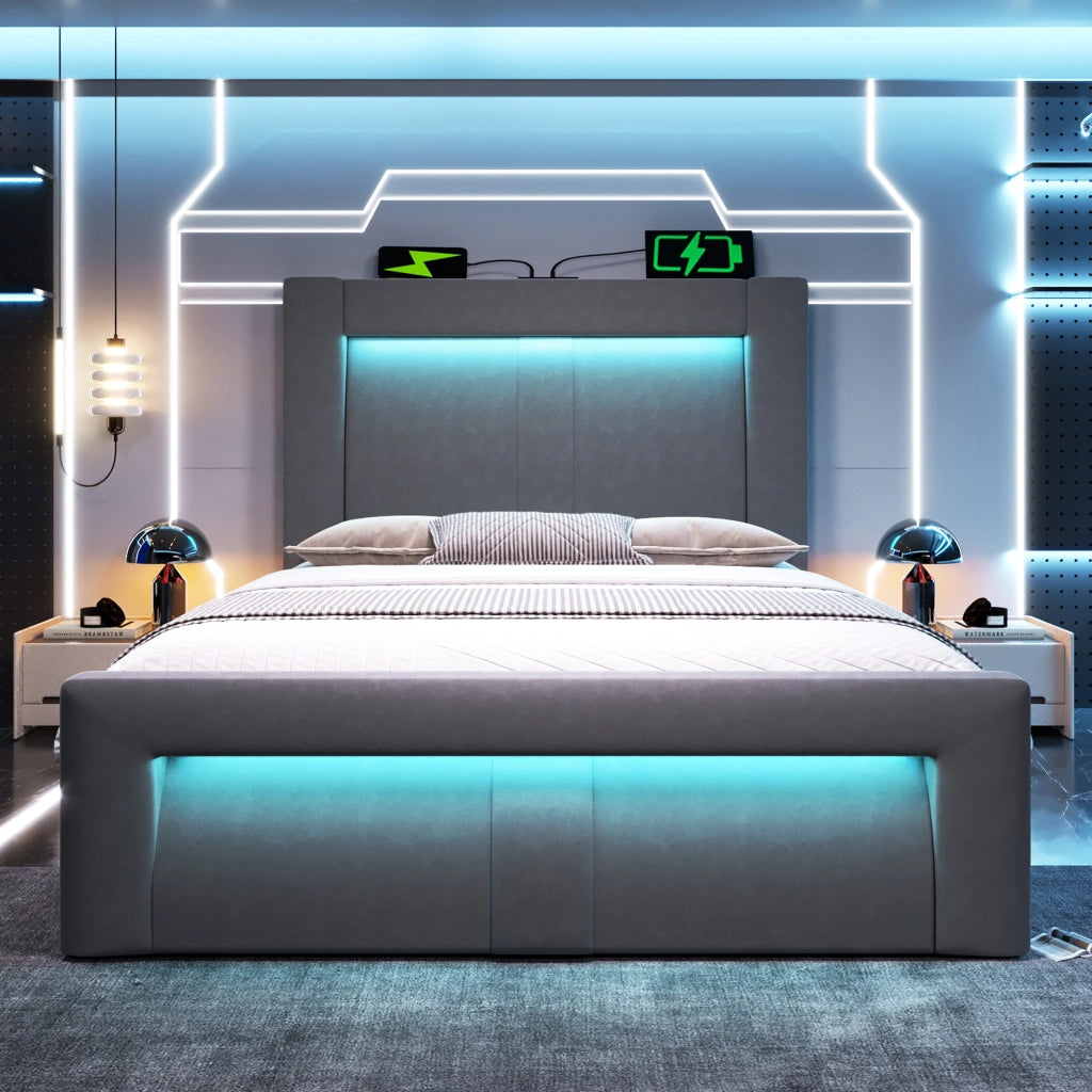 LETTO Contenitore 90x200 cm in velluto grigio con LED e porte USB/Type-C