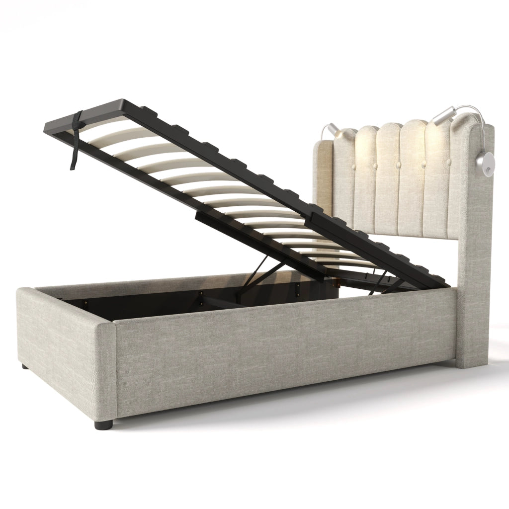 Letto Contenitore Letto Singolo con USB; Luce da Lettura e Vano Contenitore 90 × 200 cm; senza Materasso