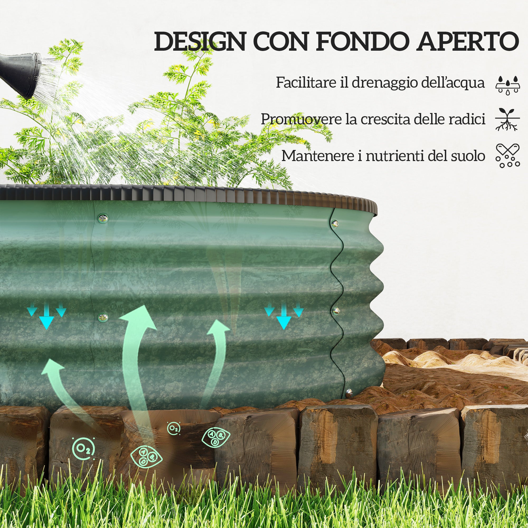 Set di 2 Aiuole Rialzate 135x90x30 cm con Bordo in Gomma e Design Modulare in Metallo Galvanizzato Verde