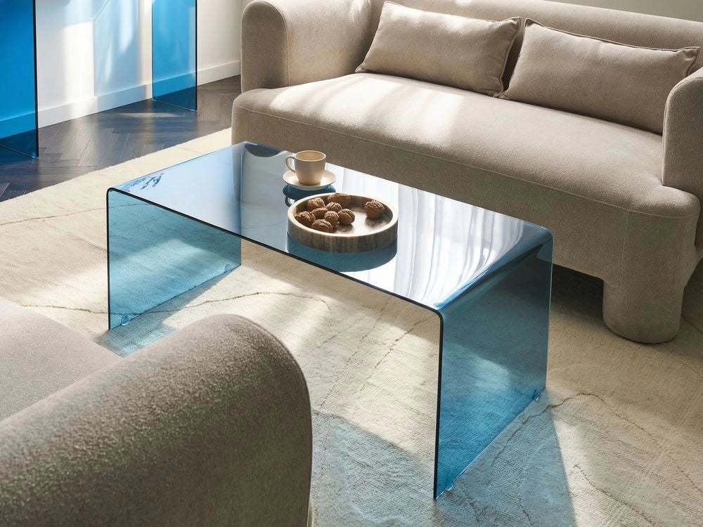 Tavolino in vetro blu con finitura semitrasparente 100 x 50 cm rettangolare minimalista