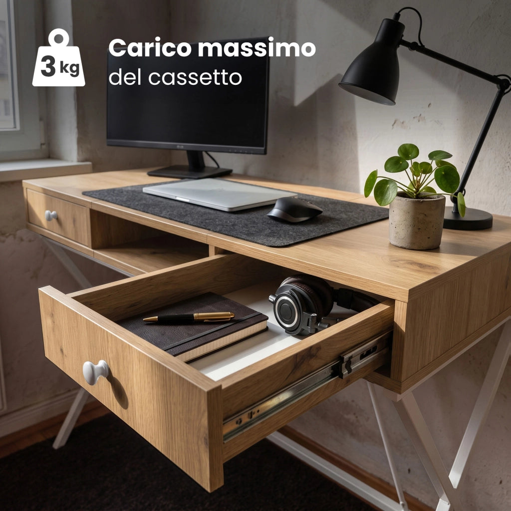 Scrivania PC industriale Rovere Artisan CROSSLINE 120 cm 2 cassetti 1 ripiano gambe bianche