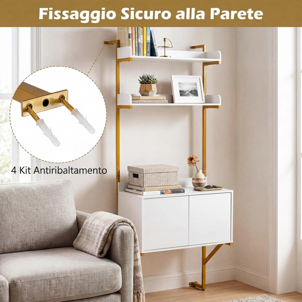 Libreria da Parete Salvaspazio, Scaffale a Scala con Armadietto e 2 Ripiani, Kit Antiribaltamento e Piedini Regolabili, Bordo Rialzato, Espositore per Soggiorno, Ufficio e Camera da Letto