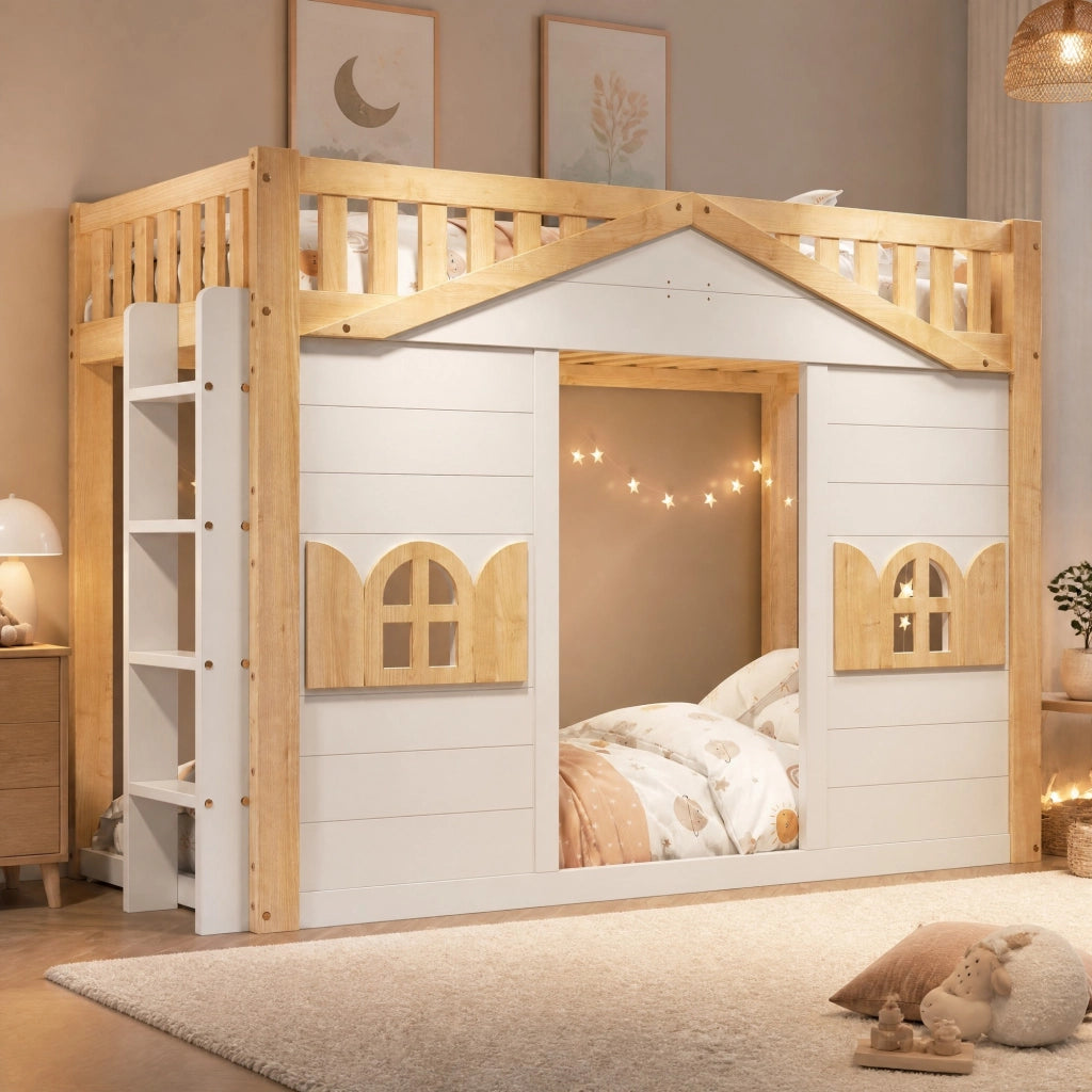 Letto a castello per bambini 90x200 cm in pino bianco con finestra e scala reversibile