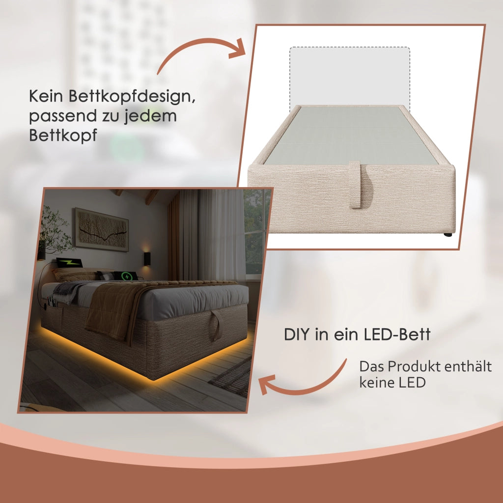 Letto matrimoniale imbottito con porta USB 160x200 cm lino beige naturale
