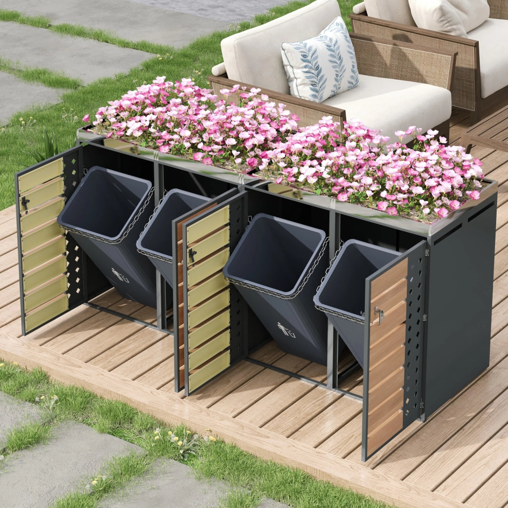 Copribidoni per 4 Contenitori con Ante con Serratura Fioriera Integrata Pannelli Ventilati in Acciaio Grigio
