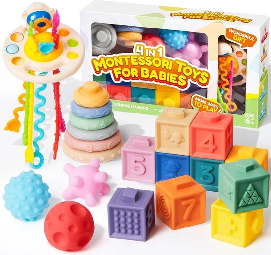 Giocattolo per bambini 4 in 1, età 6-12 mesi, blocchi da costruire, cordone sensoriale, tirare, giocattolo, giocattoli per bambini, gioco da pile, giocattoli sensoriali, regalo per bambini, età 1-2-3 anni