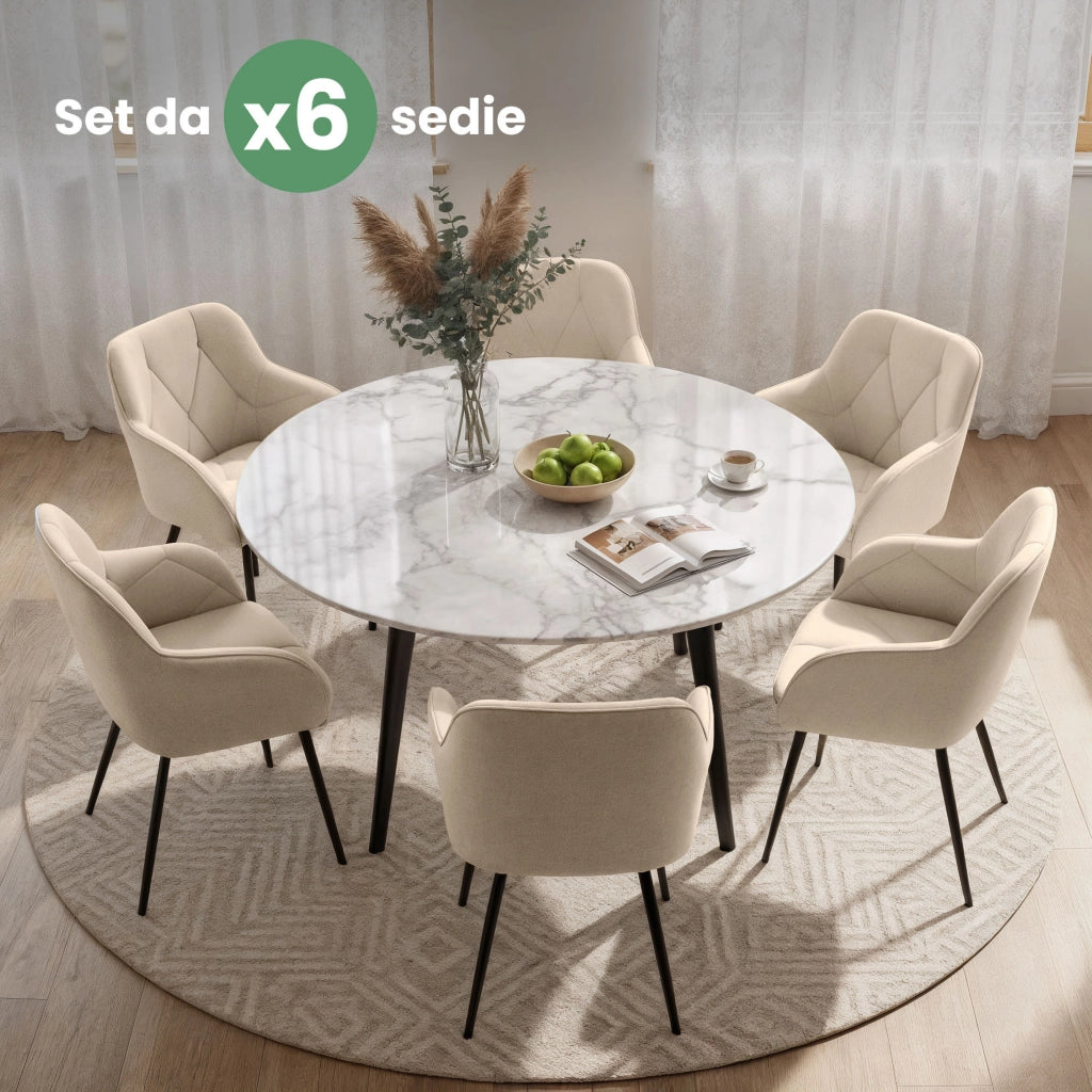 Set di 6 Sedie in velluto trapuntato DIAMANTE Beige gambe nere