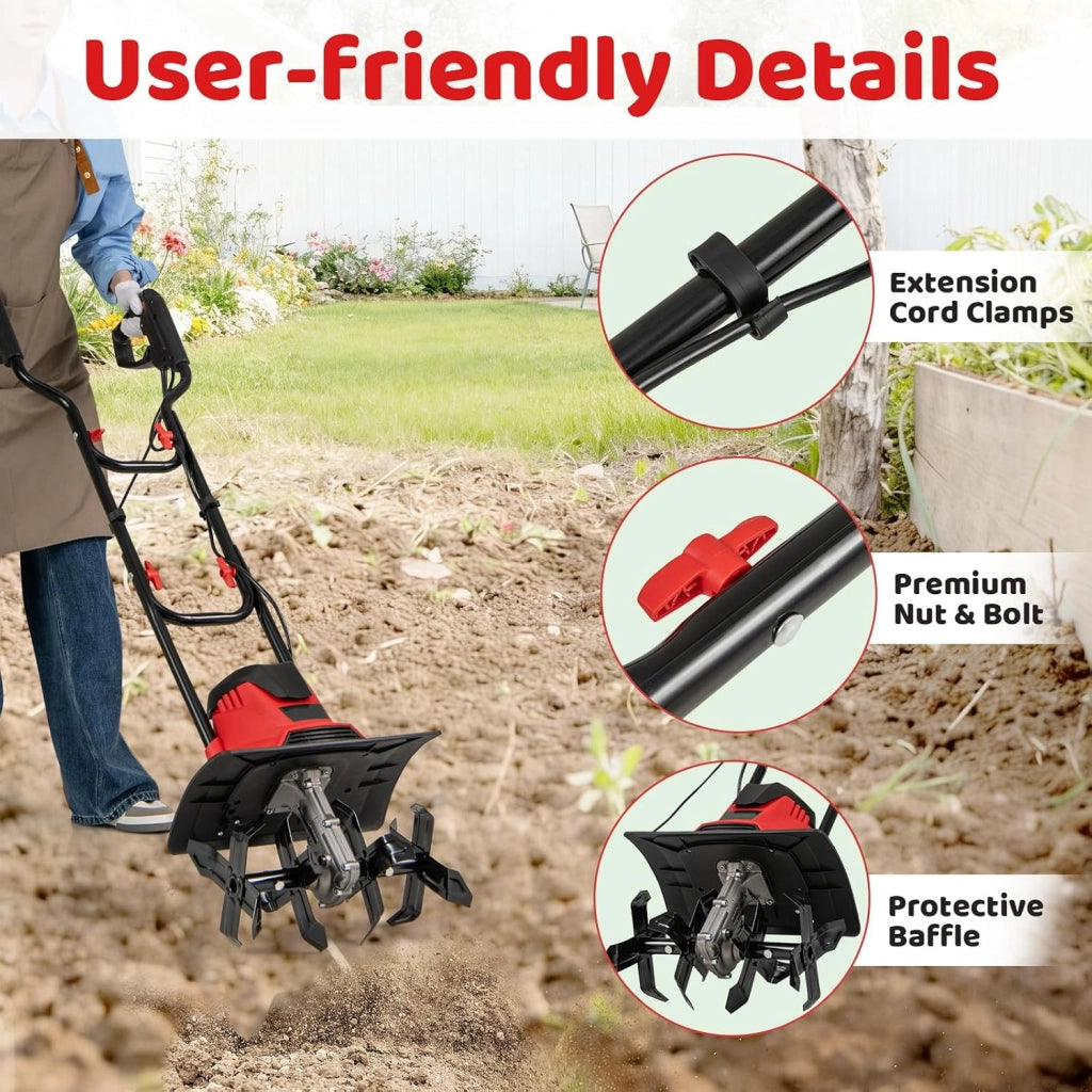 Motozappa Elettrica Pieghevole 1200W, Larghezza di Lavoro 36 cm Profondità di Lavoro 22 cm, 4 Lame, Zappatrice Elettrica per Orto e Giardino (Rosso, 36 x 24 x 138 cm)