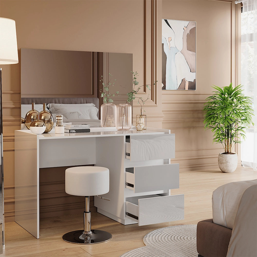 Vicco Tavolino da toilette Bianco lucido 120 cm con specchio e sgabello