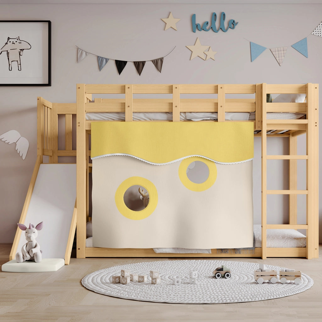 LETTO A CASTELLO con scivolo e scala 90x200 cm MDF e pino naturale con tende