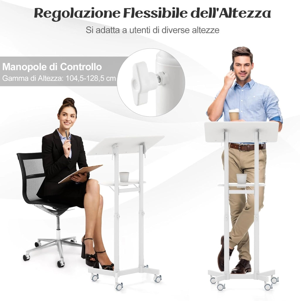 COSTWAY Podio per Conferenze, Pulpito Portatile per Laptop con Piano Inclinabile e Regolabile in Altezza, Vassoio Portaoggetti, Portabicchieri e Ruote Bloccabili (Bianco)
