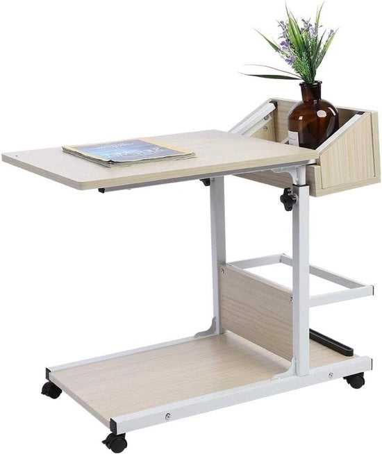 Tavolo da stazione di lavoro con ruote, tavolo da laptop, altezza regolabile, cassettone con scrivania bianco moderno - utile per libri e snack