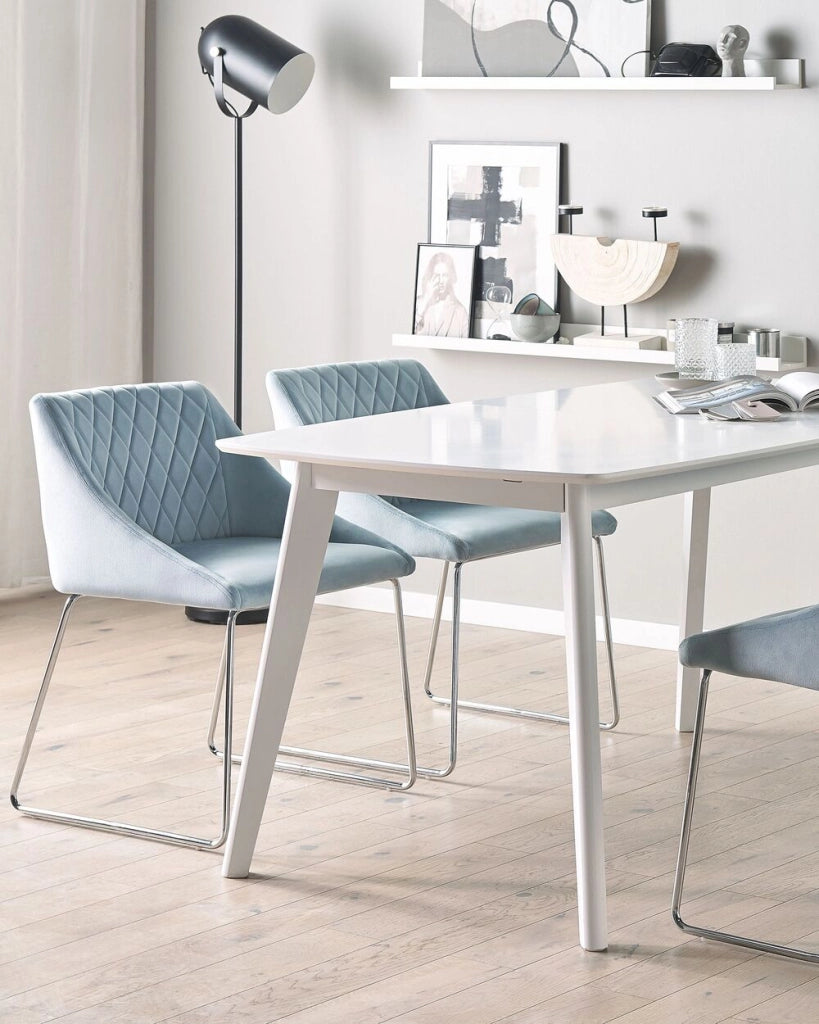 Set di 2 Sedie da Pranzo in Tessuto Velluto Azzurro Gambe in Metallo Cromato Stile Moderno