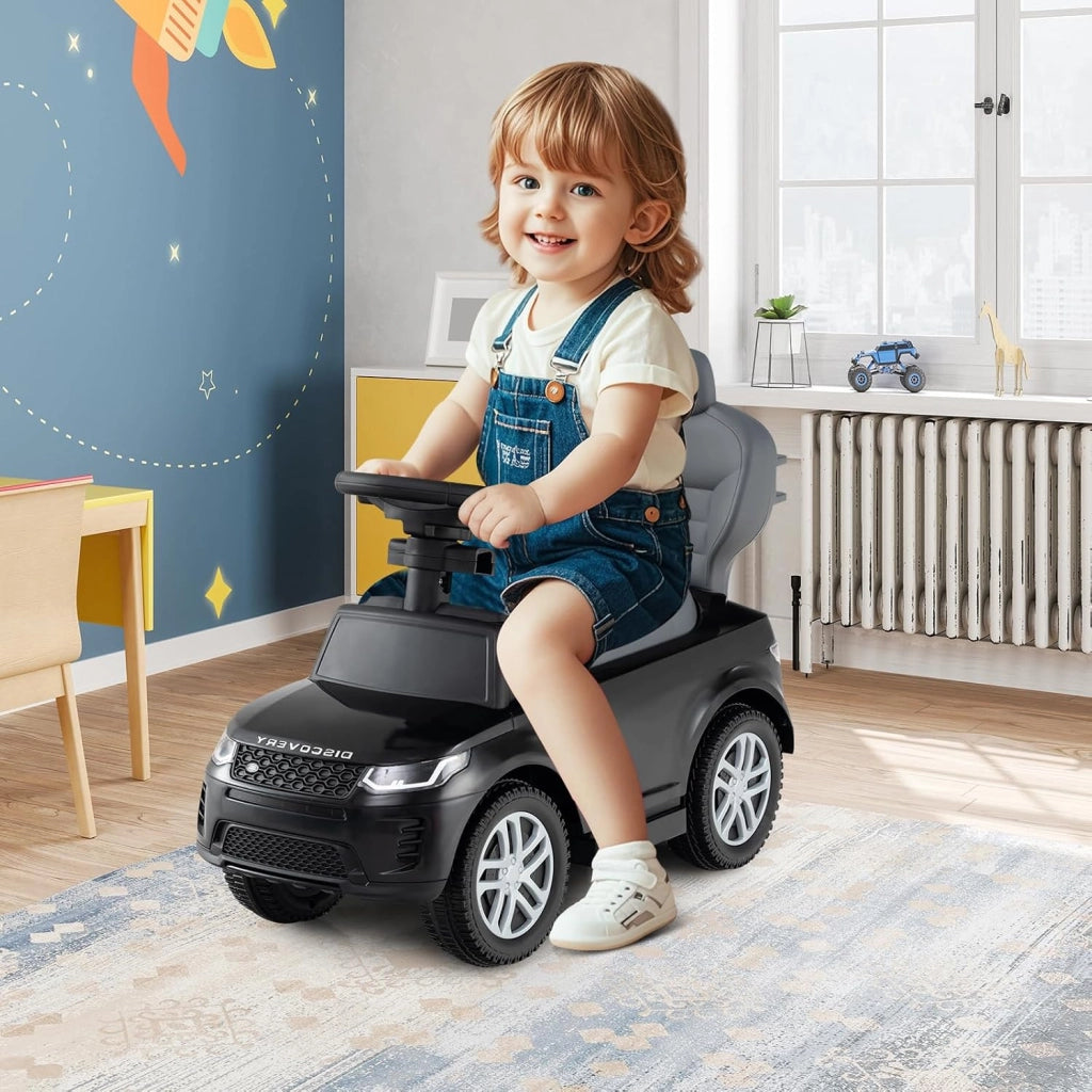 Macchina Cavalcabile per Bambini 1-3 Anni, Cavalcabile Bambino 3 in 1, Pignée Amovibile, Guida Realistica con Volante, Clacson, Musica, Carico 25 kg, Ruote Antiscivolo, Regali Bambini (Nero)