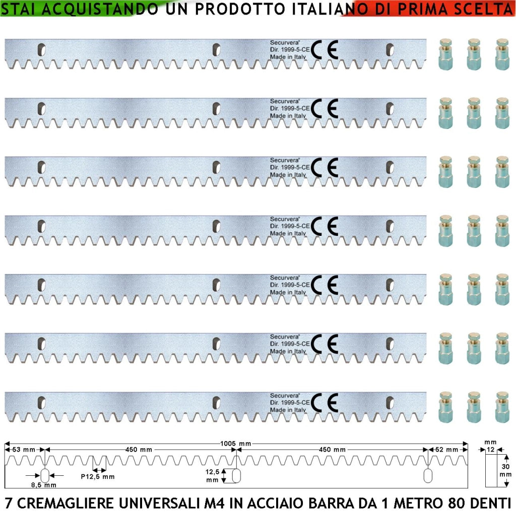 Barre Cremagliera Universale M4 Sette Moduli da 1 MT in Acciaio Zincato 12X30 mm Portata 22 Q.li Max 30 Q.li Con 80 Denti Fissaggio Tre Bulloni Per Metro Ricambio Cancello Scorrevole Giunture Contatto