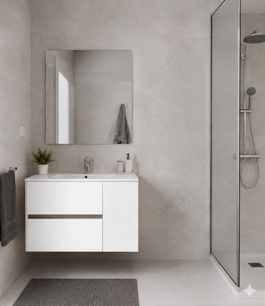 Mobile Bagno HEIMDALL Già Montato 2 cassetti e porta, lavabo e specchio Bianco lucido 80x45 cm
