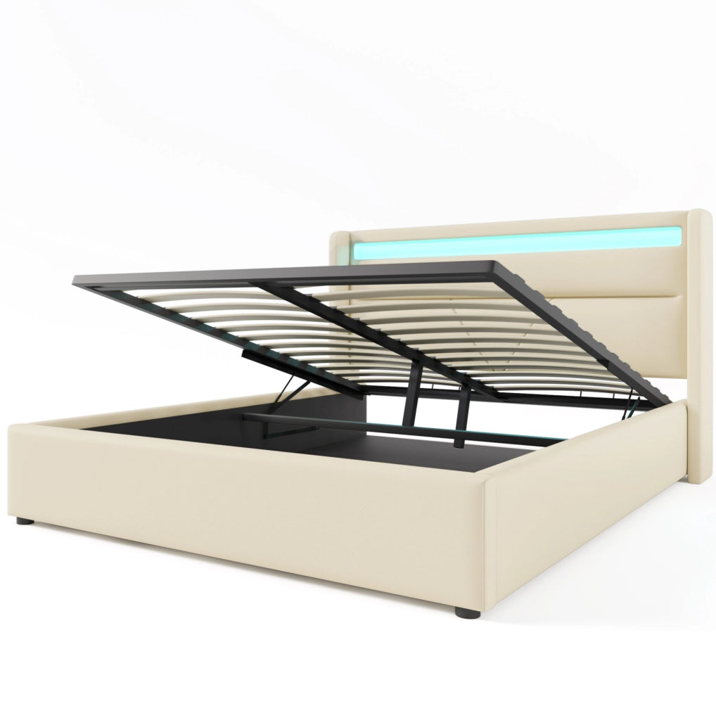Letto matrimoniale imbottito 160x200 cm con contenitore; LED e rete ribaltabile; bianco in PU