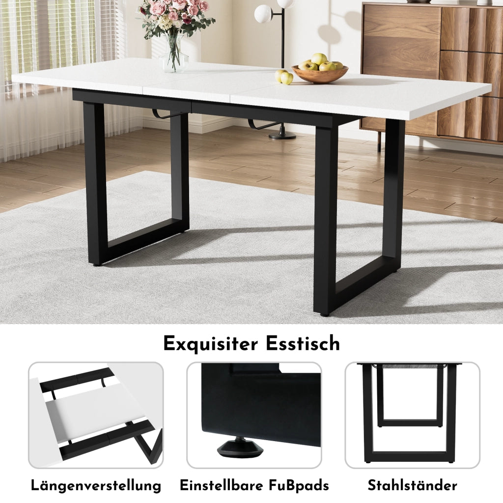 Tavolo allungabile in MDF con struttura in acciaio, stile industriale, per sala da pranzo, bianco e nero, 140 × 80 × 75 cm