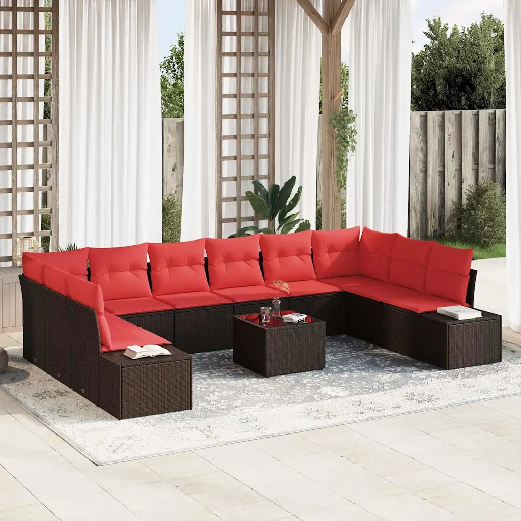 Set Divano da Giardino 10 pz 9-Numero di posti Marrone e Rosso 3355923