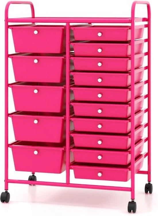 Trolley di archiviazione rotante - 15 rack - Trolley multifunzionale - Rack rimovibili - Pneumatici bloccabili - Per uffici e scuole - Rosso