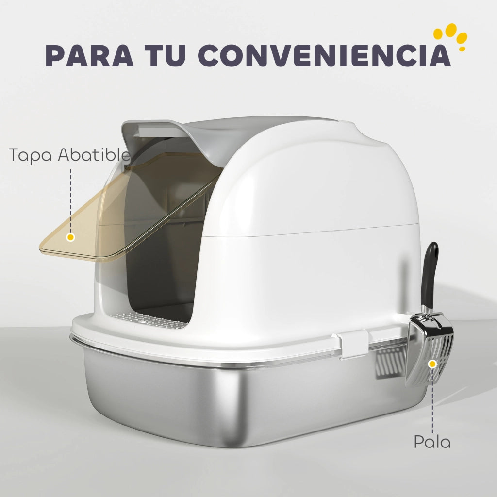Lettiera per Gatti XL - Xylo - Acciaio Inox, Coperchio Ribaltabile, Entrata Superiore, con Paletta, Bianco