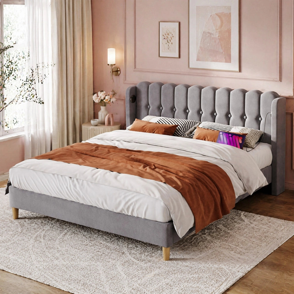 LETTO imbottito 180x200 cm in lino grigio con USB e tipo C
