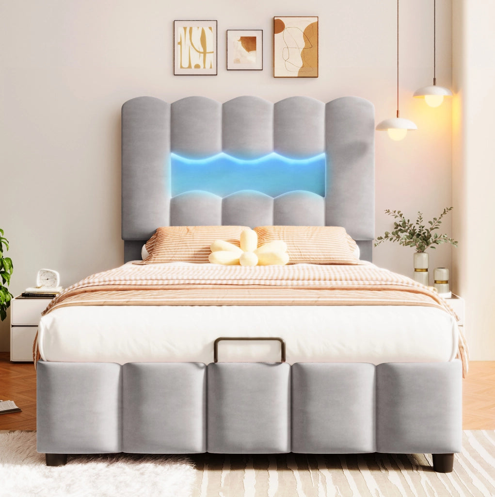 Letto imbottito 90x200 cm con contenitore; LED e testiera regolabile in velluto grigio