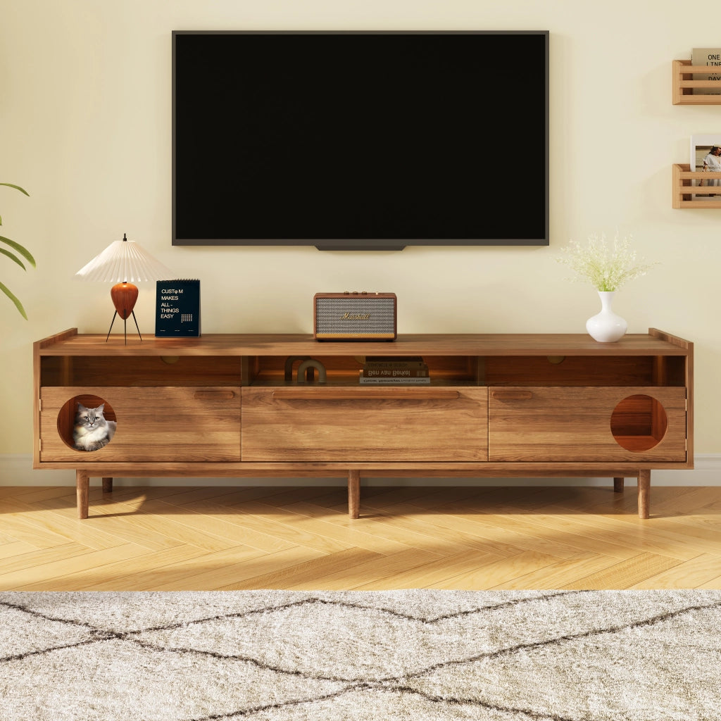 Mobile TV con 2 ante e illuminazione LED; vano per gatti - per soggiorno - 180×40×50 cm - noce