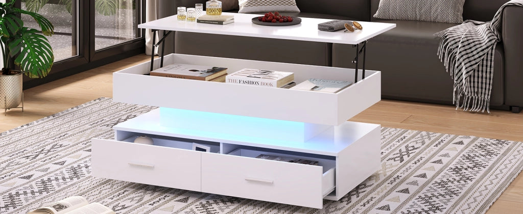 TAVOLINO DA SALOTTO 100x50x44 cm sollevabile idraulico Bianco con LED