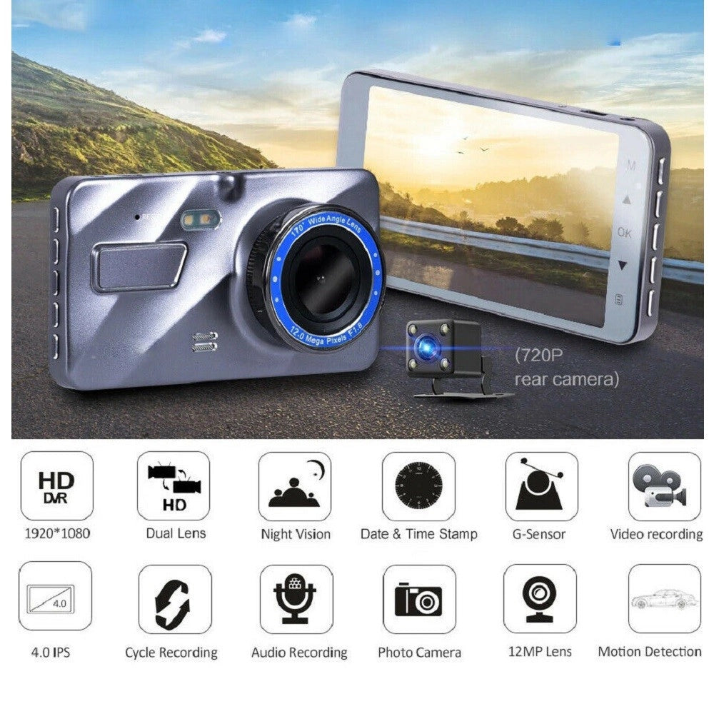 Trade Shop - Mini Dvr Telecamera Videoregistratore Per Auto 2 Telecamere Super Hd Display 4" -