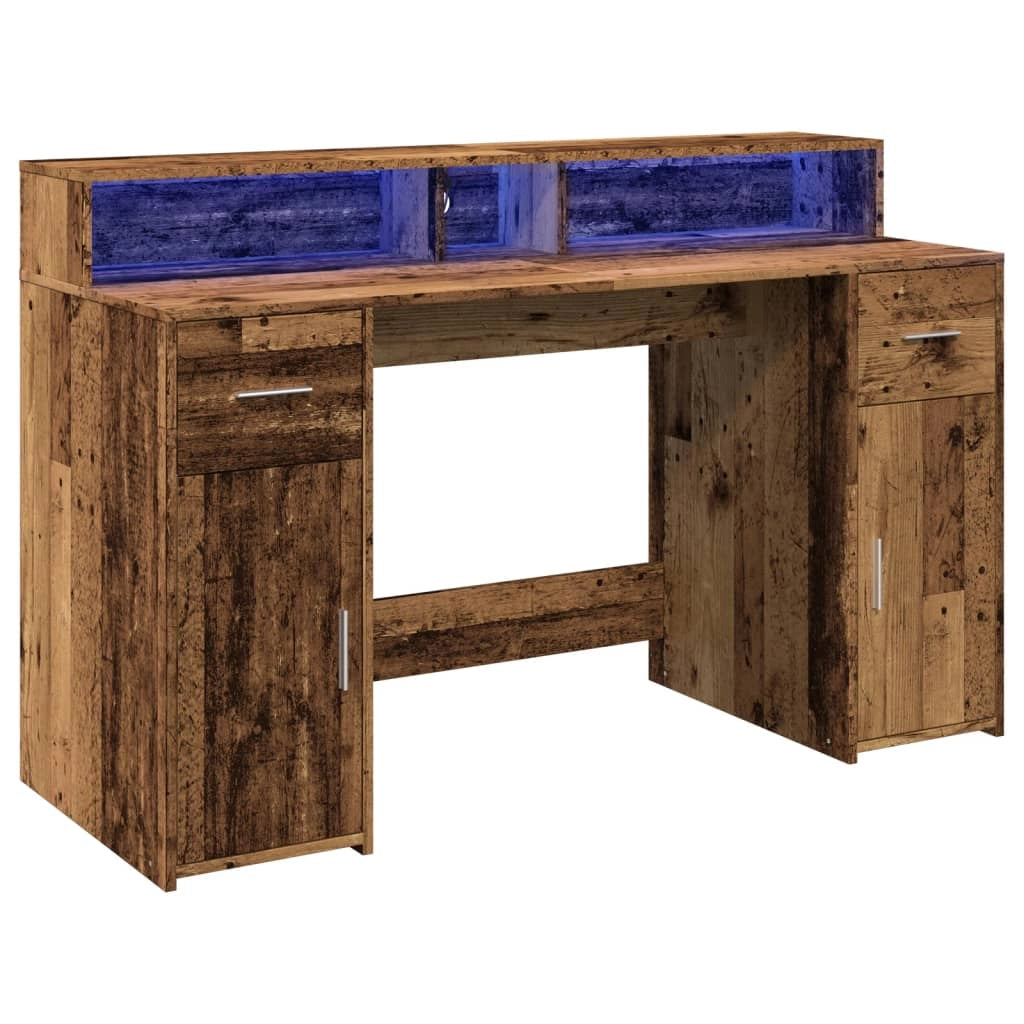 Scrivania tavolo postazione di lavoro mobile per computer studio con luci a LED legno vecchio legno ingegnerizzato marrone 02_0023435