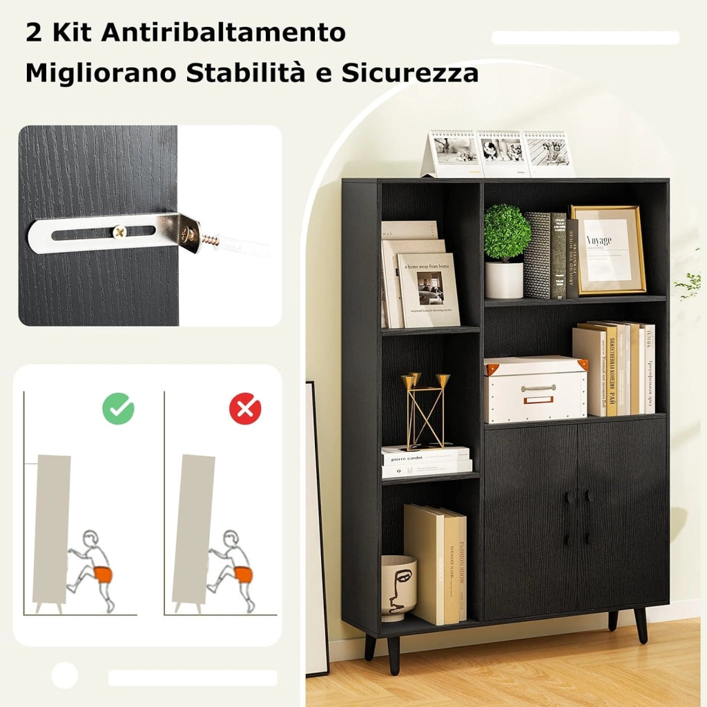 Libreria Scaffale con 5 Ripiani a Cubo Aperti e 2 Ante, Scaffale Espositivo in Legno Salvaspazio, Mobile per Camera da Letto, Soggiorno, Salotto, Ufficio e Studio, 80 x 23,5 x 119 cm (Nero)