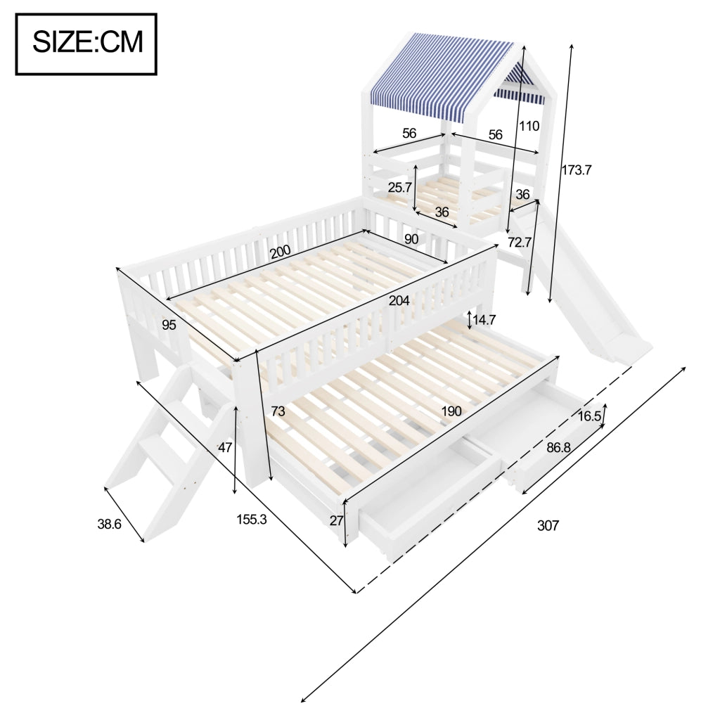 Letto bambino 90×200 cm e 90×190 cm con scivolo; scala; cassetti e letto estraibile; senza materasso; bianco
