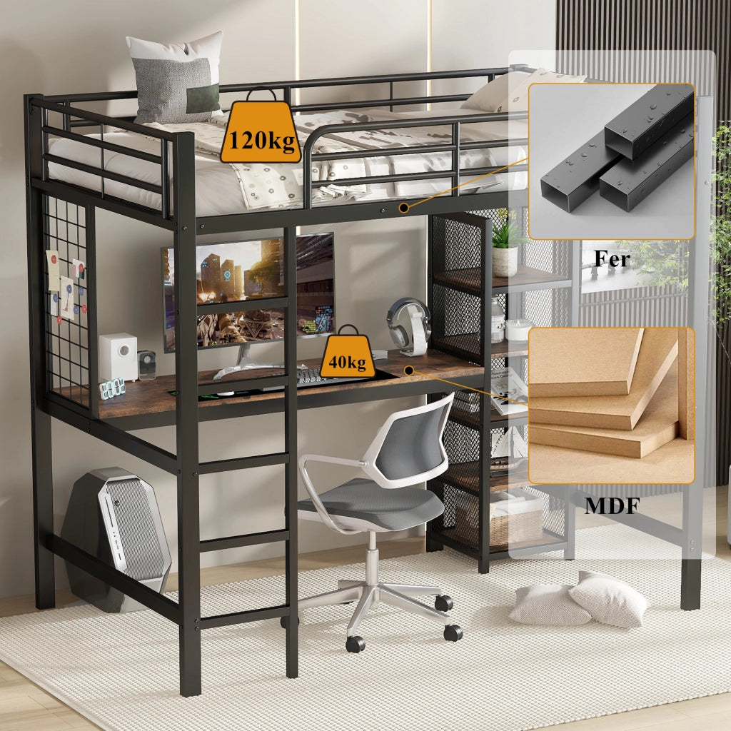 Letto a castello nero e noce scuro con scrivania e scaffali in metallo e MDF 90x200 cm