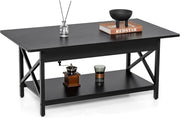 Tavolino da Salotto 2 Livelli, Tavolino da Caffè Industriale con Struttura in Metallo a Forma di X, Tavolino Rettangolare per Soggiorno, Studio e Ufficio, 60 x 110 x 48 cm (Nero)