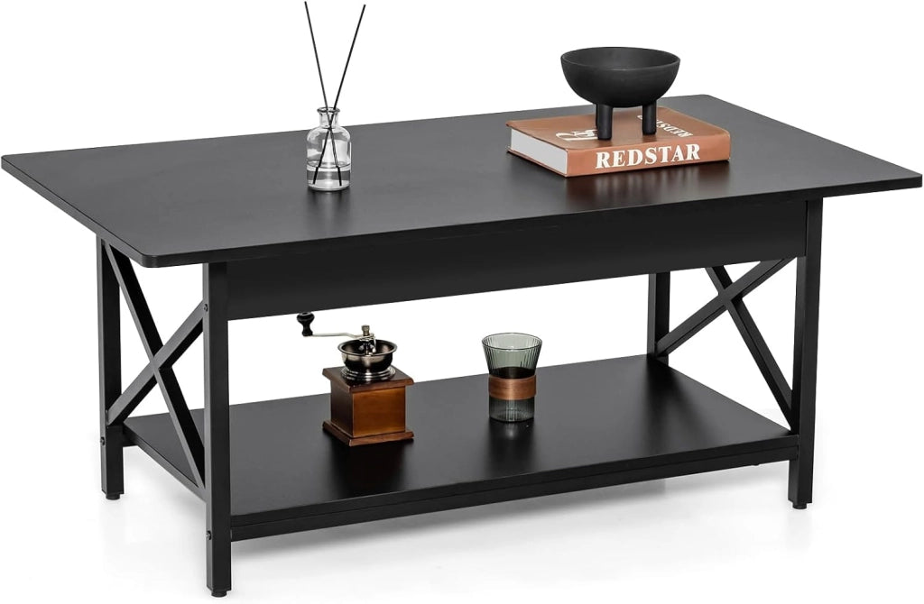 Tavolino da Salotto 2 Livelli, Tavolino da Caffè Industriale con Struttura in Metallo a Forma di X, Tavolino Rettangolare per Soggiorno, Studio e Ufficio, 60 x 110 x 48 cm (Nero)