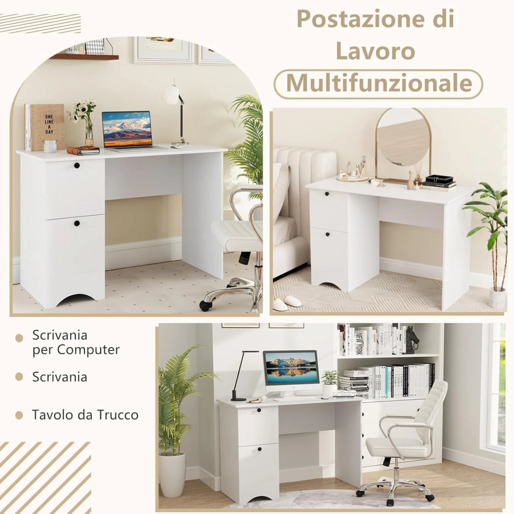 Scrivania per Computer con 2 Cassetti a Maniglia, Scrivania PC Salvaspazio Multifunzionale, Scrivania Gaming per Ufficio, Soggiorno, Camera da Letto e Studio, 109 x 50 x 75 cm (Bianco)