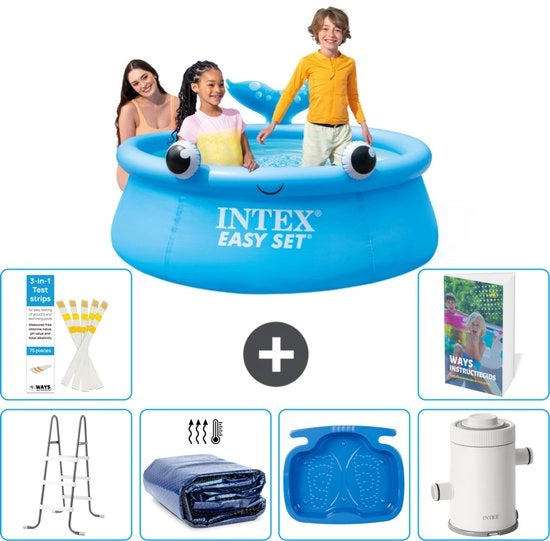 Piscina Rond Opblaasbar Easy Set - 183 x 51 cm - Blu - Balena - Inclusa Scala - Ombrello Solare - Vasca Idromassaggio - Pomp di Piscina - 7 pezzi