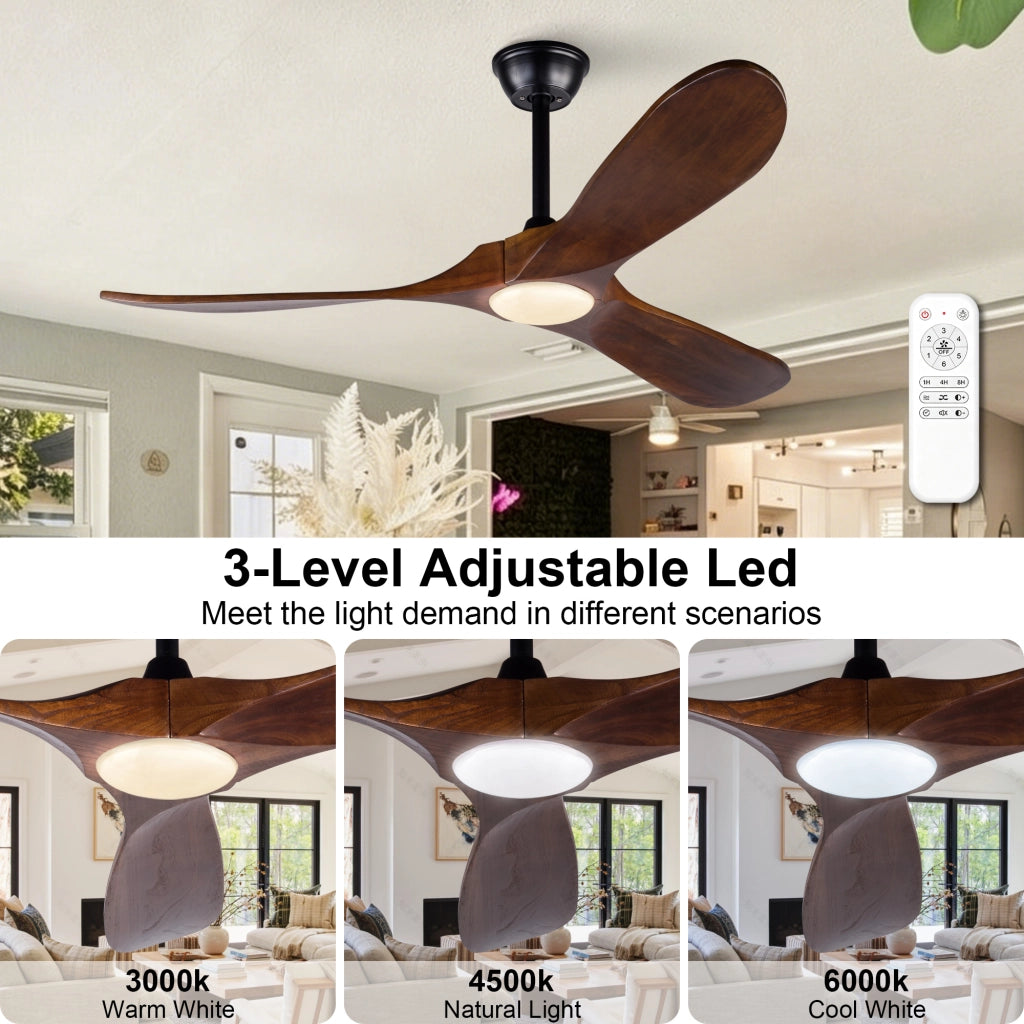 Ventilatore da soffitto 52 pollici con luce, 3 pale legno massello, 3CCT, motore DC silenzioso reversibile, telecomando, moderno