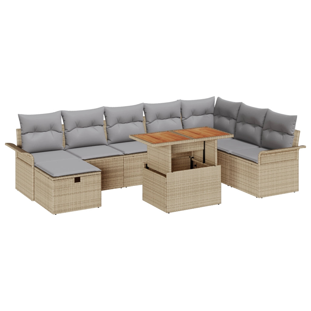Set Divano da Giardino 9 Pezzi con Cuscini Beige in Polyrattan