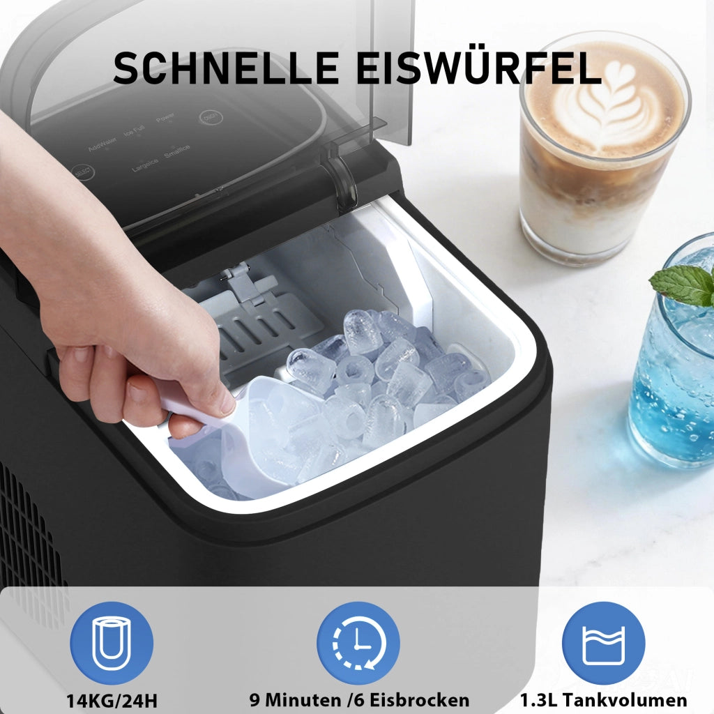 ZMH Macchina per il ghiaccio nero capacità 1.3L 9 cubetti di ghiaccio in 6 minuti 14 kg/24 ore silenzioso per cucina