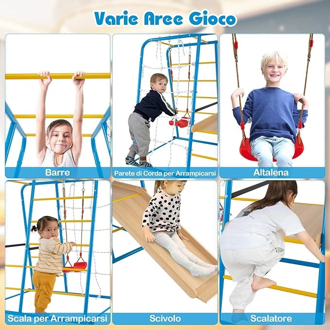 6 in 1 Set da Arrampicata per Bambini, Set Giocattoli di Metallo con Scivolo Altalena Sbarre Scala da Arrampicata e Parete di Corda, Parco Giochi per Bambini 3 Anni+