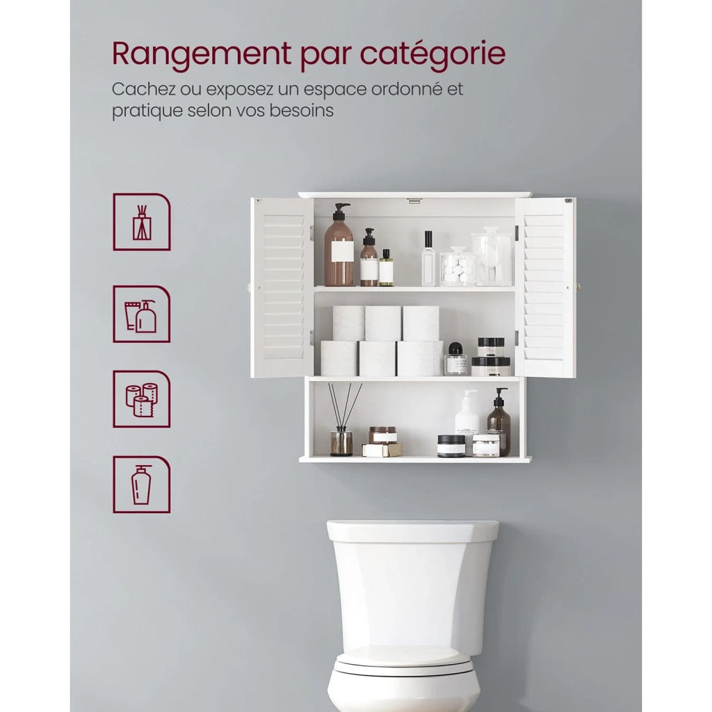 Mobiletto portaoggetti da bagno/armadietto portamedicinali a parete con ripiano regolabile doppia anta e ripiano aperto 60 x 20 x 70 cm finitura legno bianco 12_0006515