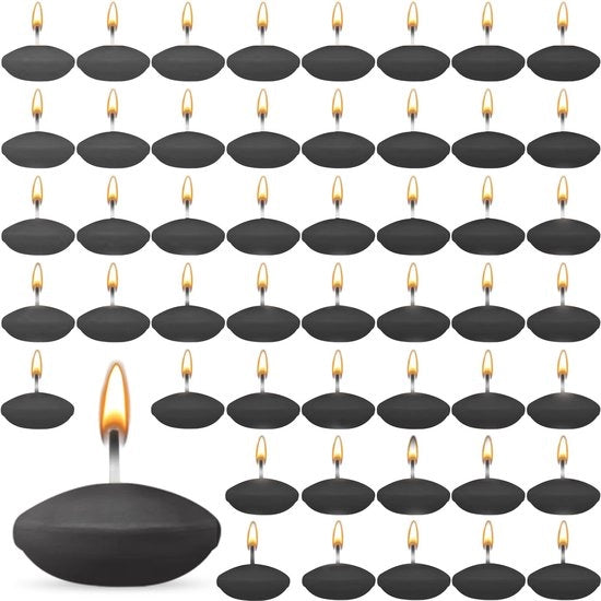 Candeline Galleggianti 50 pezzi - Senza Profumo - Nero - 3,8 x 1,5 cm - Cera e Fiamma - Sicure e affidabili - Lampadine da Tavolo