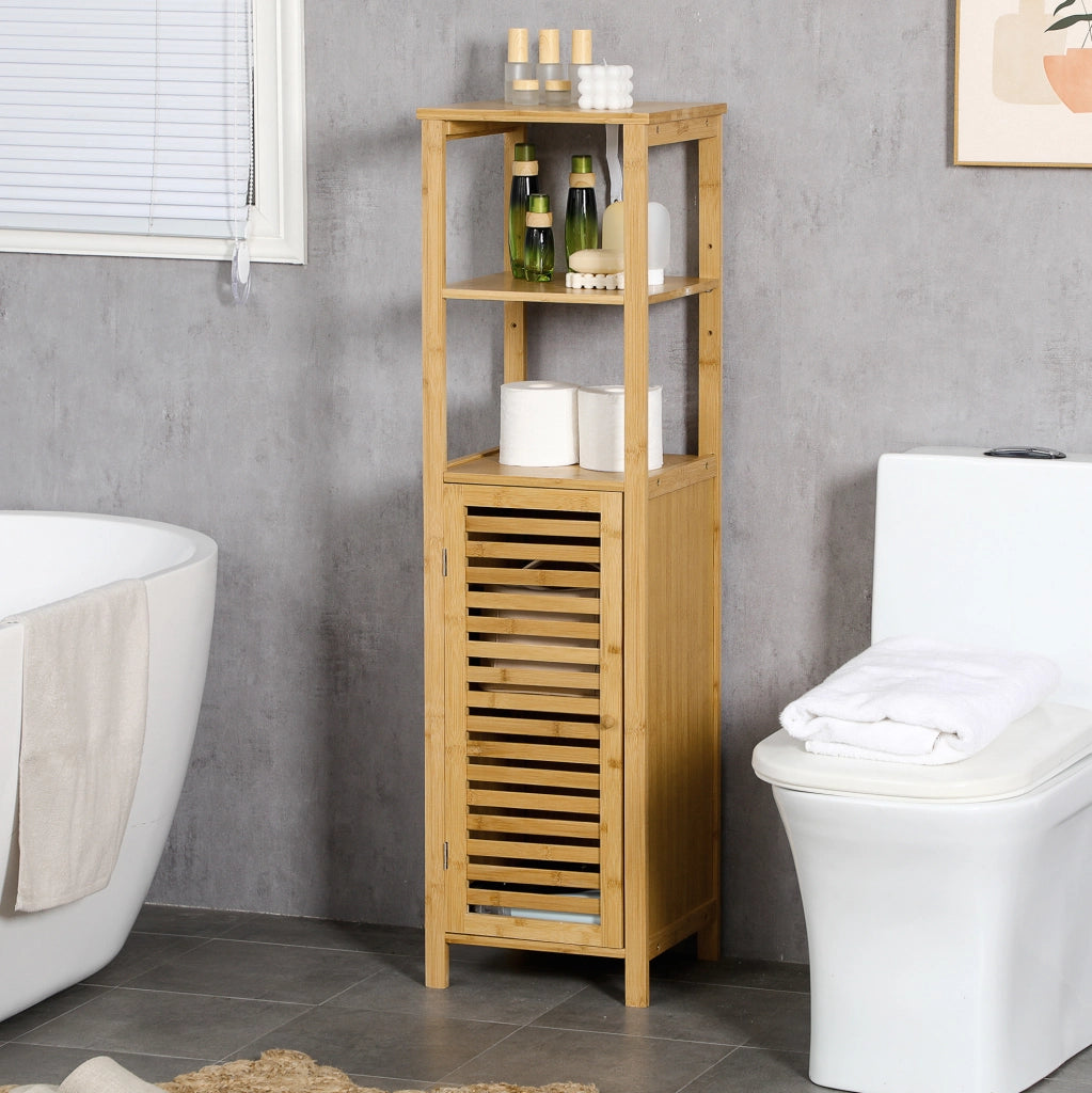 Mobile bagno in bamb¨´ con 2 ripiani aperti e anta a persiana, 32,9¡Á29,9¡Á120 cm