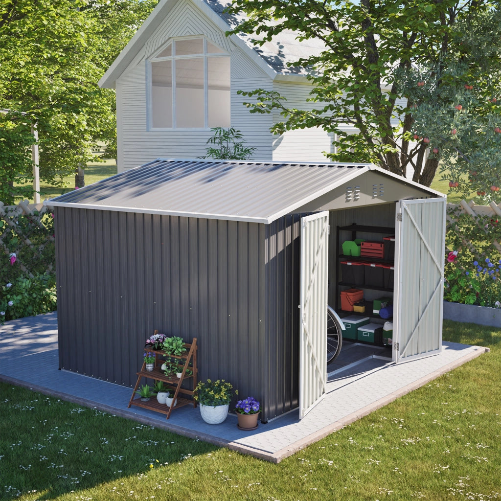 Casetta da giardino con doppie porte scorrevoli serrabili e tetto a due falde in metallo grigio 300 × 252 × 191 cm